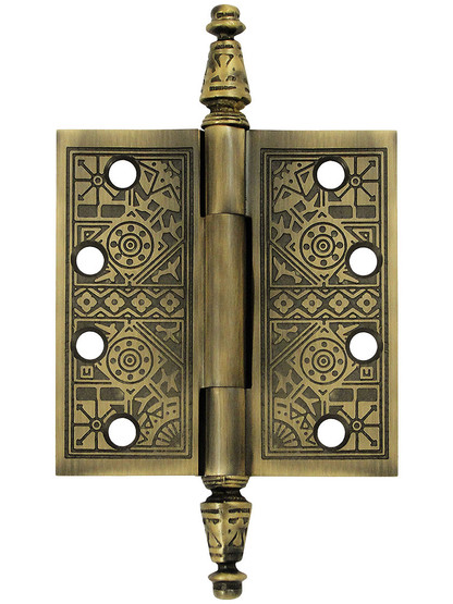 4 inch Premium Brass Aesthetic Pattern Hinge With Decorative Steeple Tips In Antique Brass